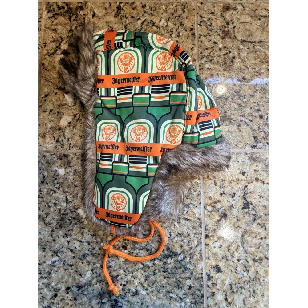 Jagermeister Allover Bottle Faux Fur Orange Strings Trapper Hat Unisex Outerwear